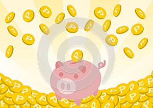 Point coins and piggy bank. Stacked coins and falling coins. Vector illustration.